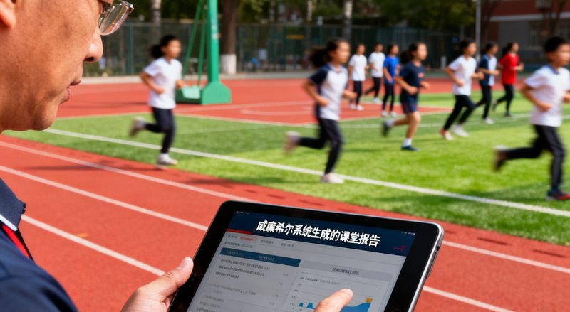 北京海淀区中关村第二小学的操场上，体育老师正在使用平板电脑查看威廉希尔系统生成的课堂报告，学生们在跑道上自由活动。