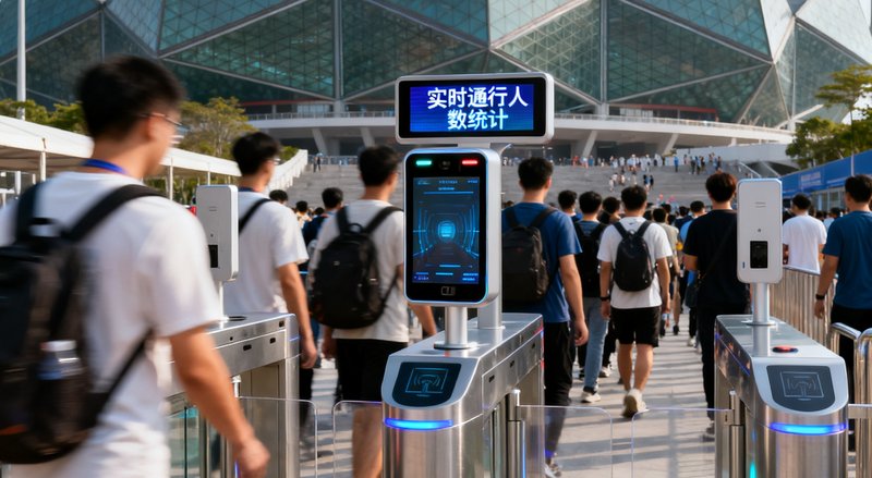 深圳大运中心主场馆入口，观众正通过威廉希尔人脸识别闸机有序入场，屏幕显示实时通行人数统计。
