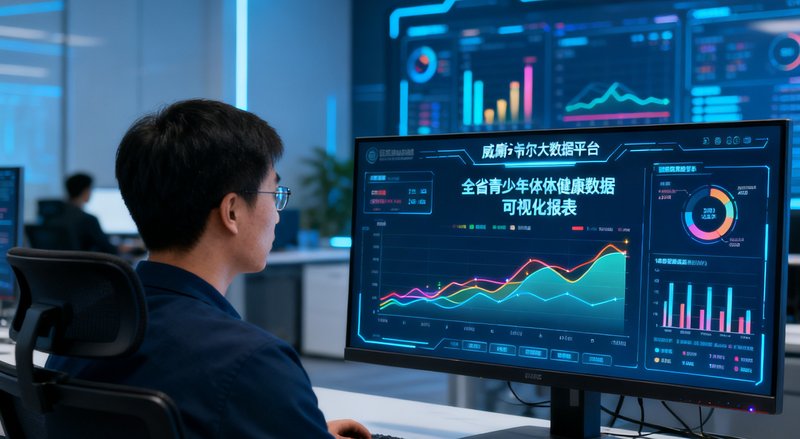 广东省体育局数据中心，工作人员正通过威廉希尔大数据平台查看全省青少年体质健康数据可视化报表。