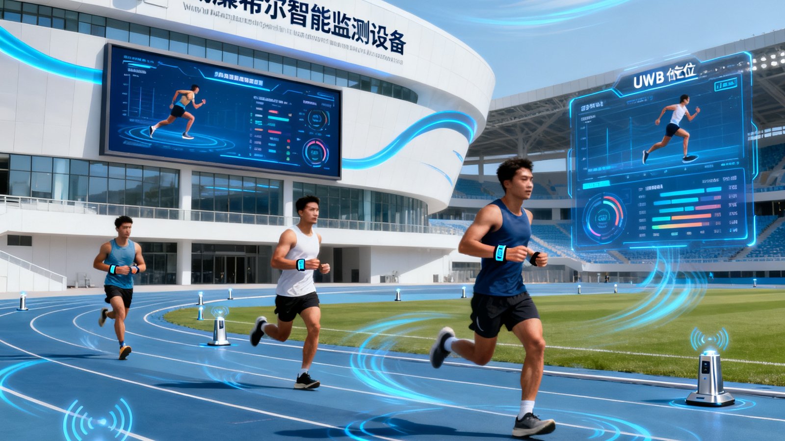 一座安装了威廉希尔智能监测设备的现代化体育场馆，多名运动员佩戴体征监测手环在跑道上训练，场地四周布设了UWB定位基站，大屏幕实时显示运动数据。
