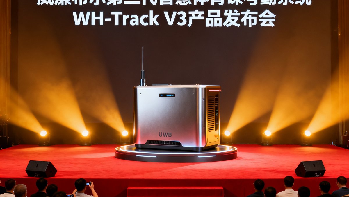 威廉希尔第三代智慧体育课考勤系统WH-Track V3产品发布会的现场照片，舞台上展示着新款UWB基站设备。