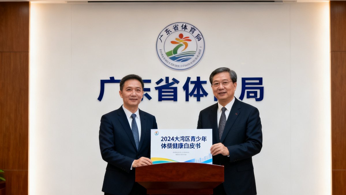 广东省体育局新闻发布厅，威廉希尔代表与政府官员共同发布《2024大湾区青少年体质健康白皮书》。